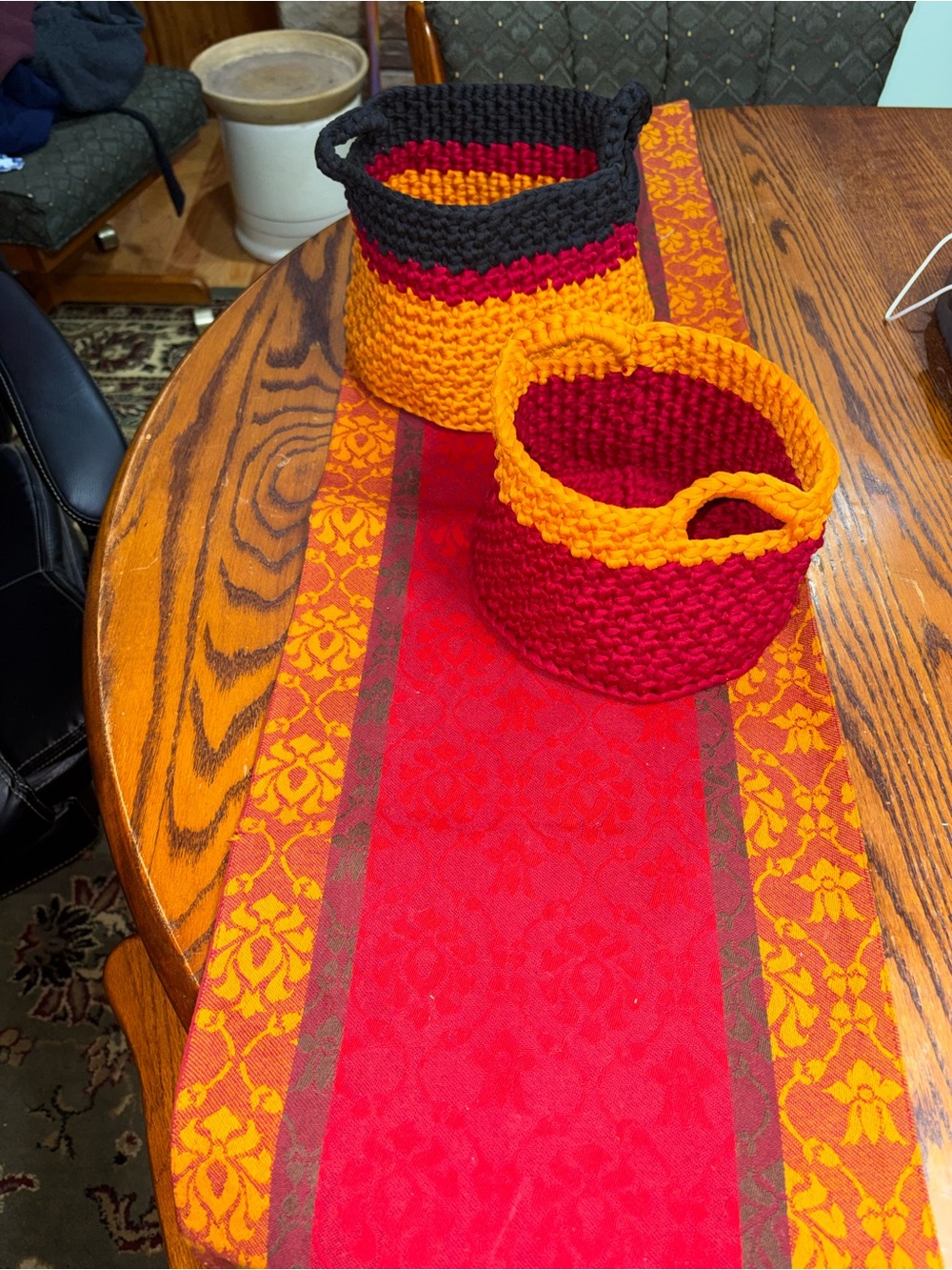 3 piece bohemian table runner and 2 round bucket bags red and gold EUC